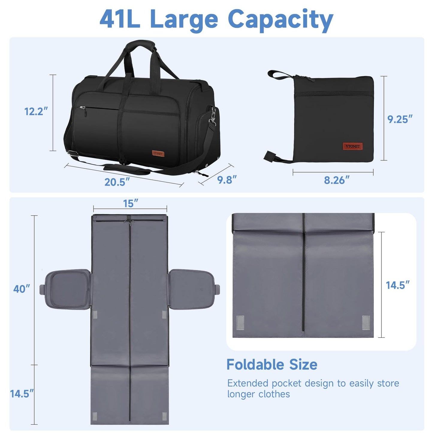 Ytonet Garment Bags for Travel, Foldable Garment Duffle Bags for Women men, Convertible Travel Garment Bag with Shoe Compartment, 2 in 1 Hanging Suitcase Suit Water Resistant Weekender Bag, Black