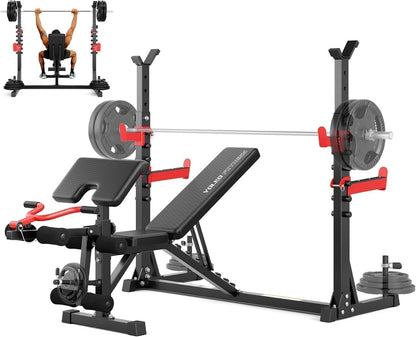 YOLEO Weight Bench with Rack -47.44”Wide Bench Press Set, Safety Catch for Squat, Leg Extension, Preacher Curl & Flat/Incline/Decline Full Body Workout Bench, Adjustable Olympic Weight Benches for Home Gym