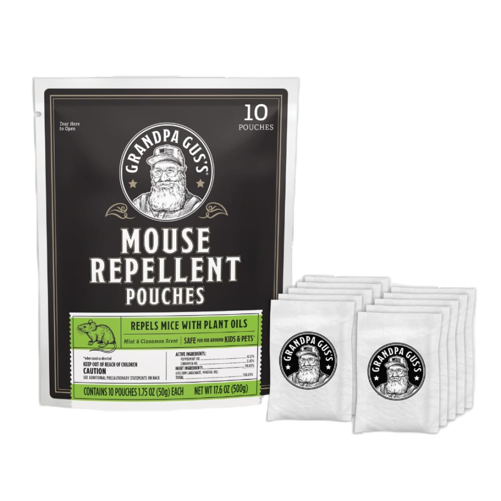 Grandpa Gus's Extra-Strength Mouse Repellent Pouches, Cinnamon/Peppermint Oils Repel Mice from Nesting & Freshen Air in Car/RV/Boat/Garage/Shed/Cabin, 1.75 oz (Pack of 10)