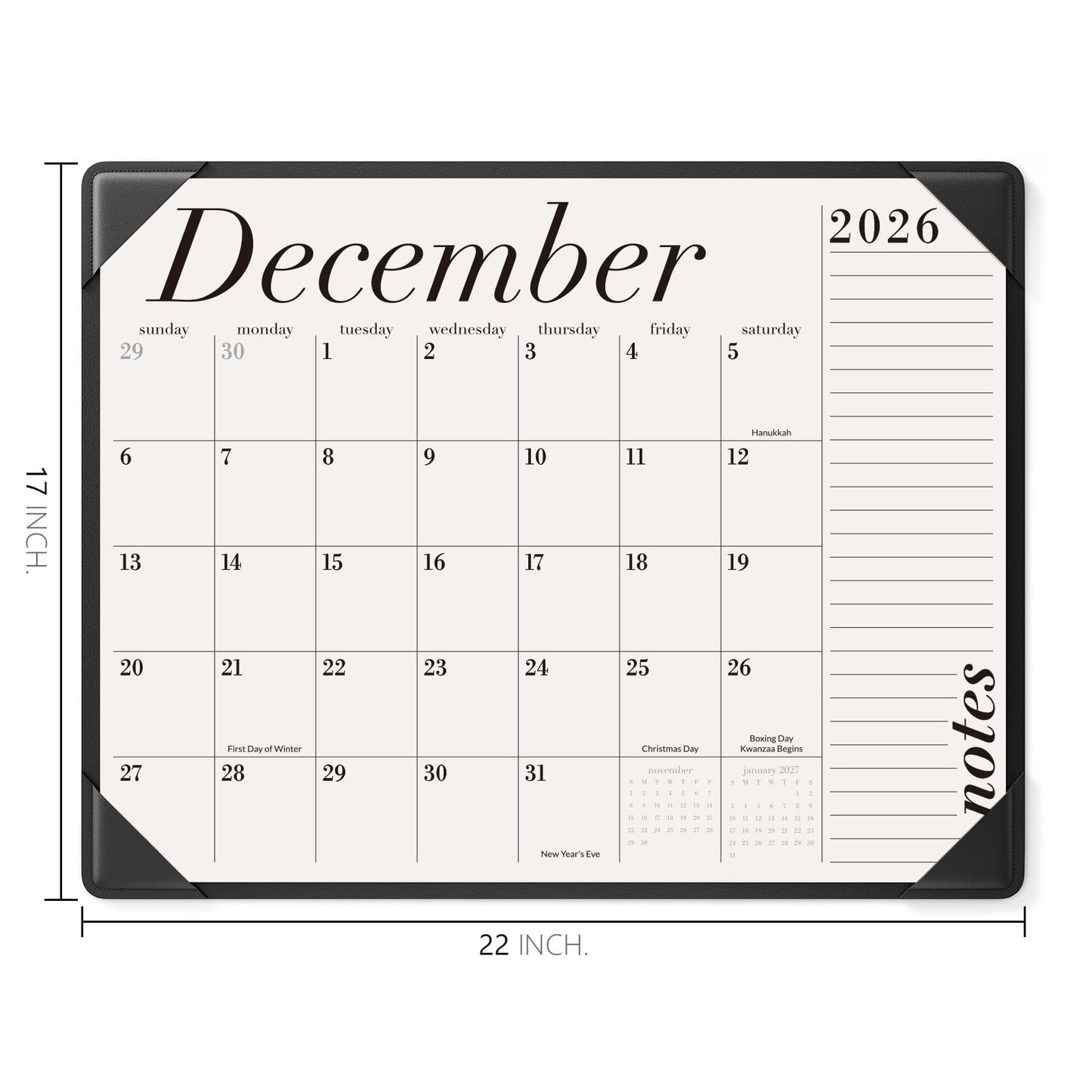 Jotsome Desk Calendar 2026-2027 with Desktop Mat, Large Desk Pad Calendar From Now to June 2027 22x17 inch, Desk Blotter Calendar for Home and Office, Easy Organizing (Black, 17" x 22")
