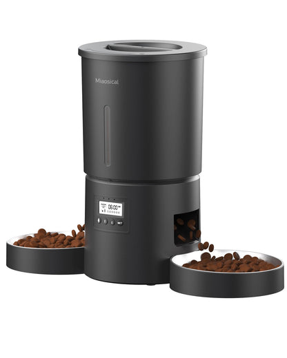 Dual Automatic Cat Feeder 2 Cats,6 Meals/Day,12 Portions/Meal,4.2L Dual Power Double Bowls Feeder,Dry Food Auto Pet Dispenser,10S Voice Record,Flexible Schedule Timer (Black,Stainless Dual Bowls)