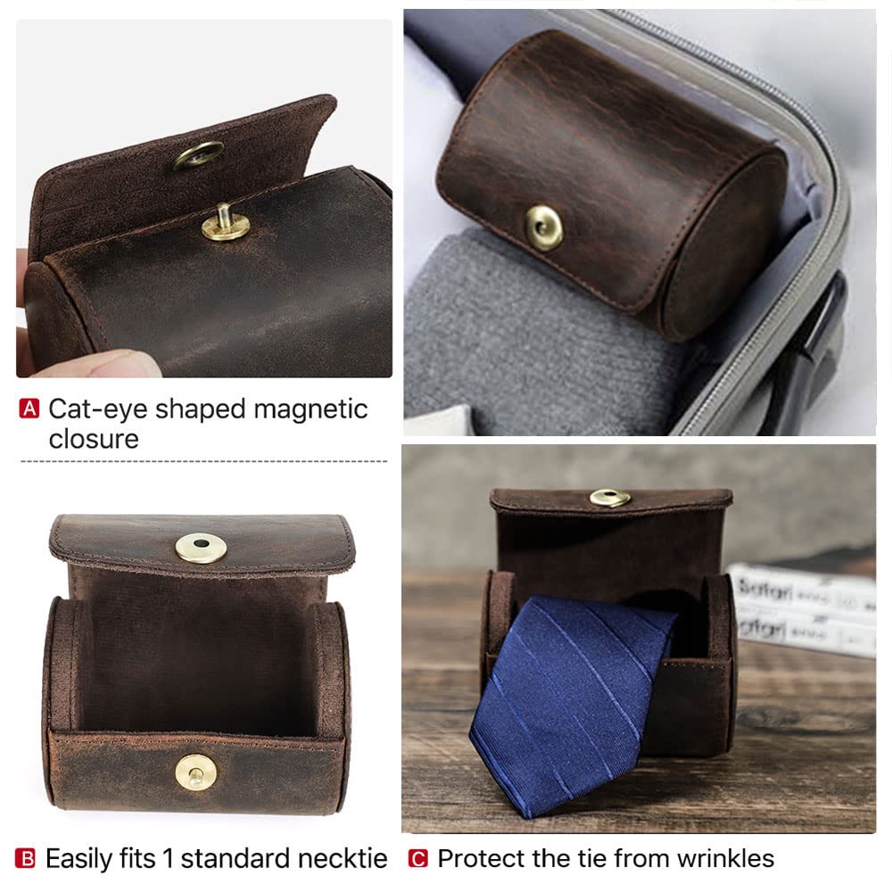 CONTACTS Tie Travel Holder for Men Crazy Horse Leather Handmade Ties Case Small Neckties Organizer Mens Tie Anti Wrinkle Storage Roll