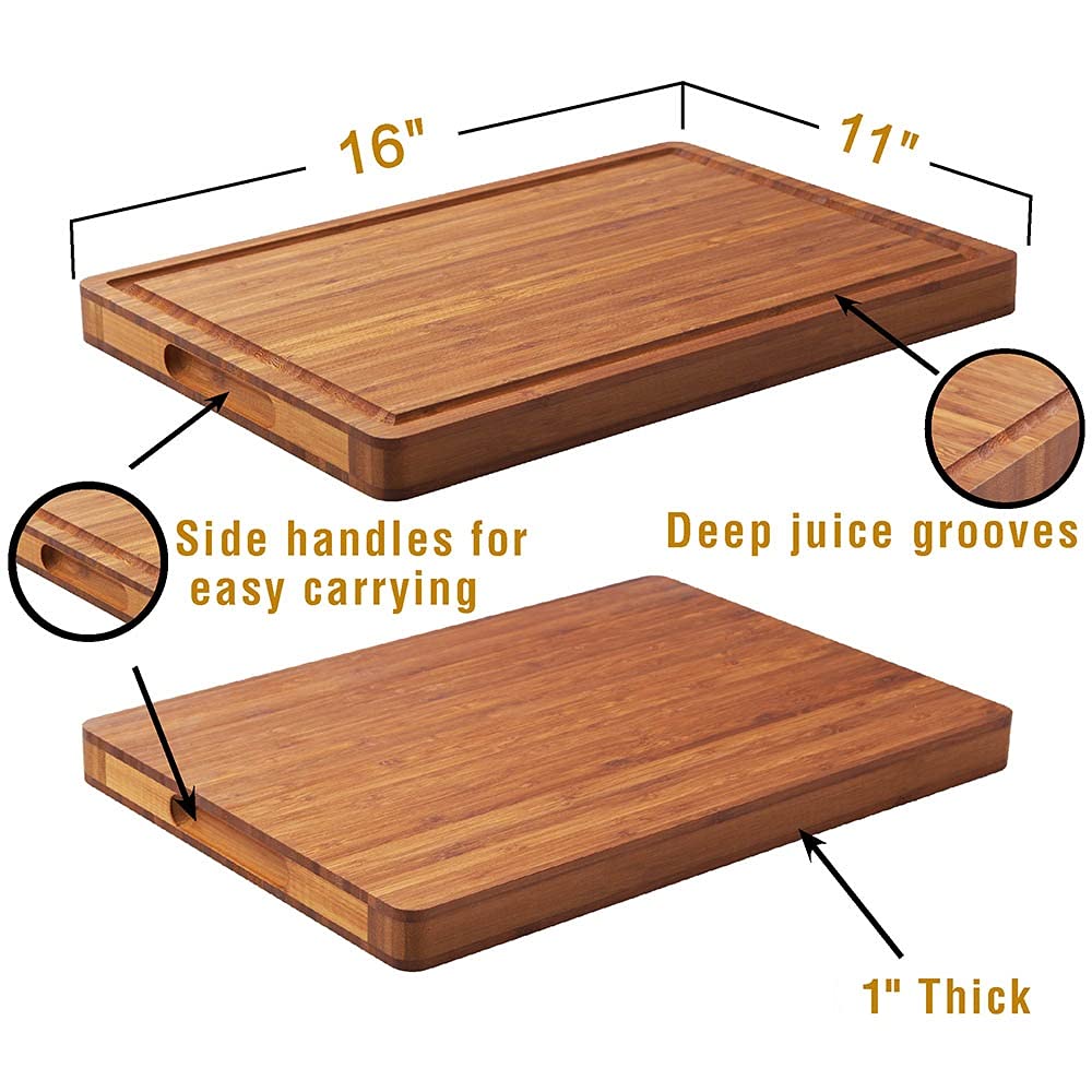 Allsum Bamboo Wood Cutting Board for Kitchen, 1" Thick Butcher Block, Cheese Charcuterie Board, with Side Handles and Juice Grooves, 16x11"