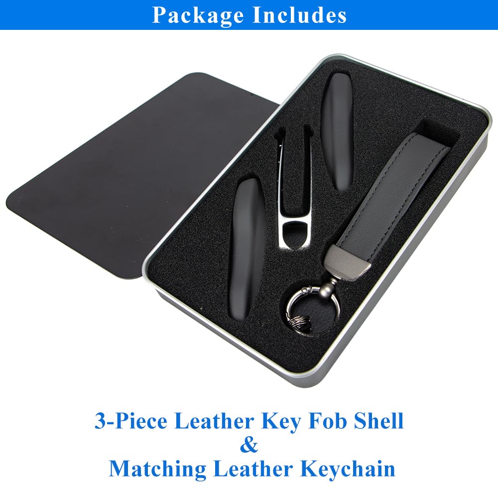 AeroBon 3-Piece Leather Key Fob Shell and Keychain Set Compatible with Porsche Key Fob Replacement (MK2, Black)