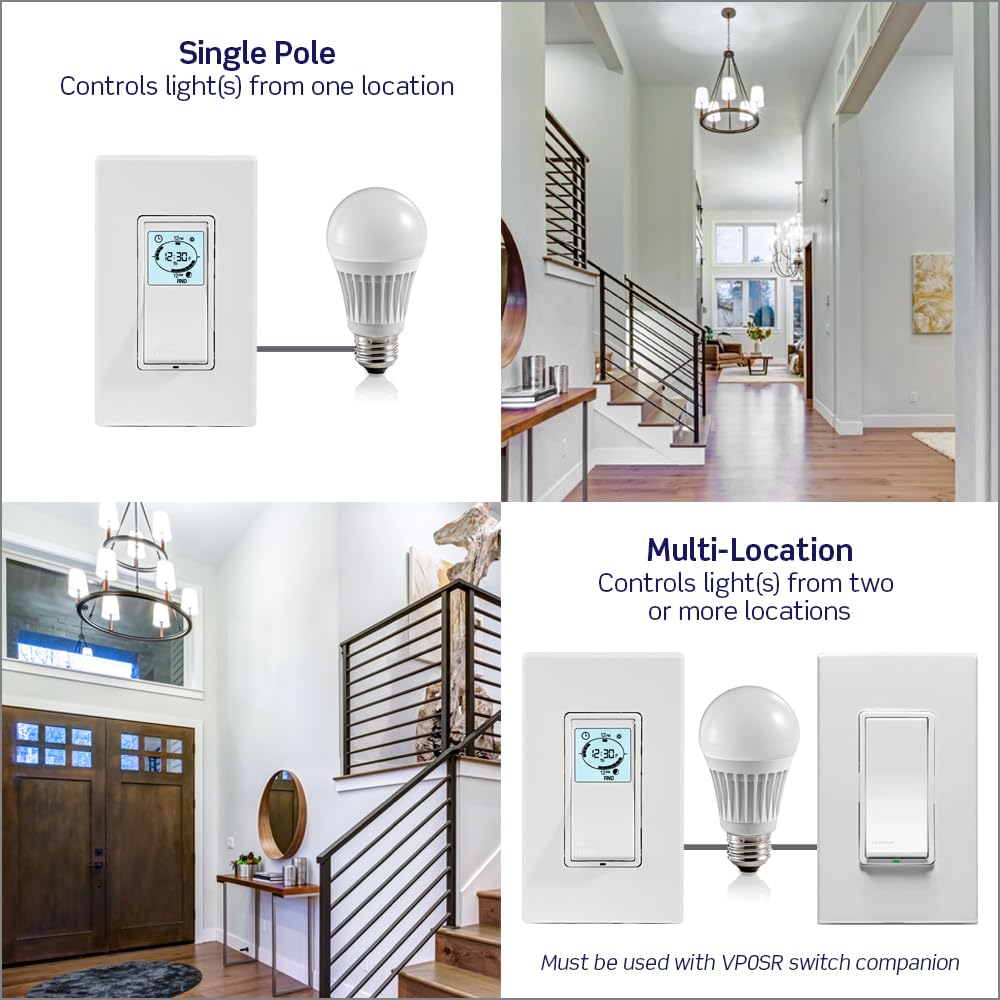 Leviton Decora Programmable and Astronomical Timer Switch for Lights and Motor Loads, Neutral Wire Required, Single Pole or 3-Way, VPT24-1PZ, White with Ivory and Light Almond Faceplates