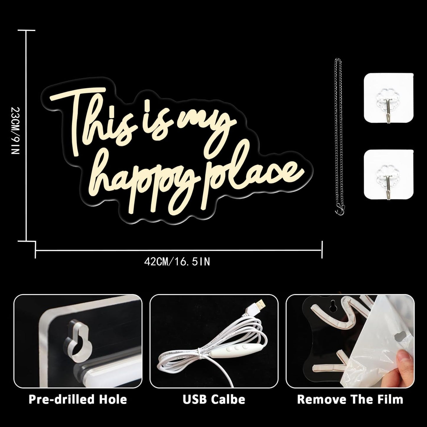 UExnkj-Y This is My Happy Place Neon Sign, Warm White Neon Lights for Wall Decor, Happy Place Signs for Wall Decor, USB Dimmable Led Light Up for Bedroom Classroom Man Cave Home Bar