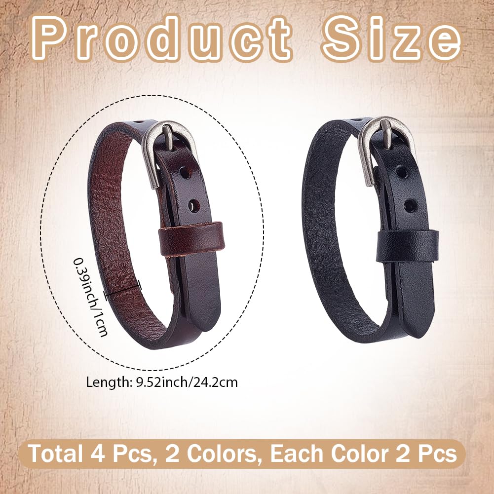 CALFOVERA 4PCS Genuine Leather Wristband Bracelet Retro Adjustable 2 Colors Simple Alloy Buckle Bangle Cowhide Leather Stirrup Straps Cuff Bracelet Jewelry for Men Women Daily Party