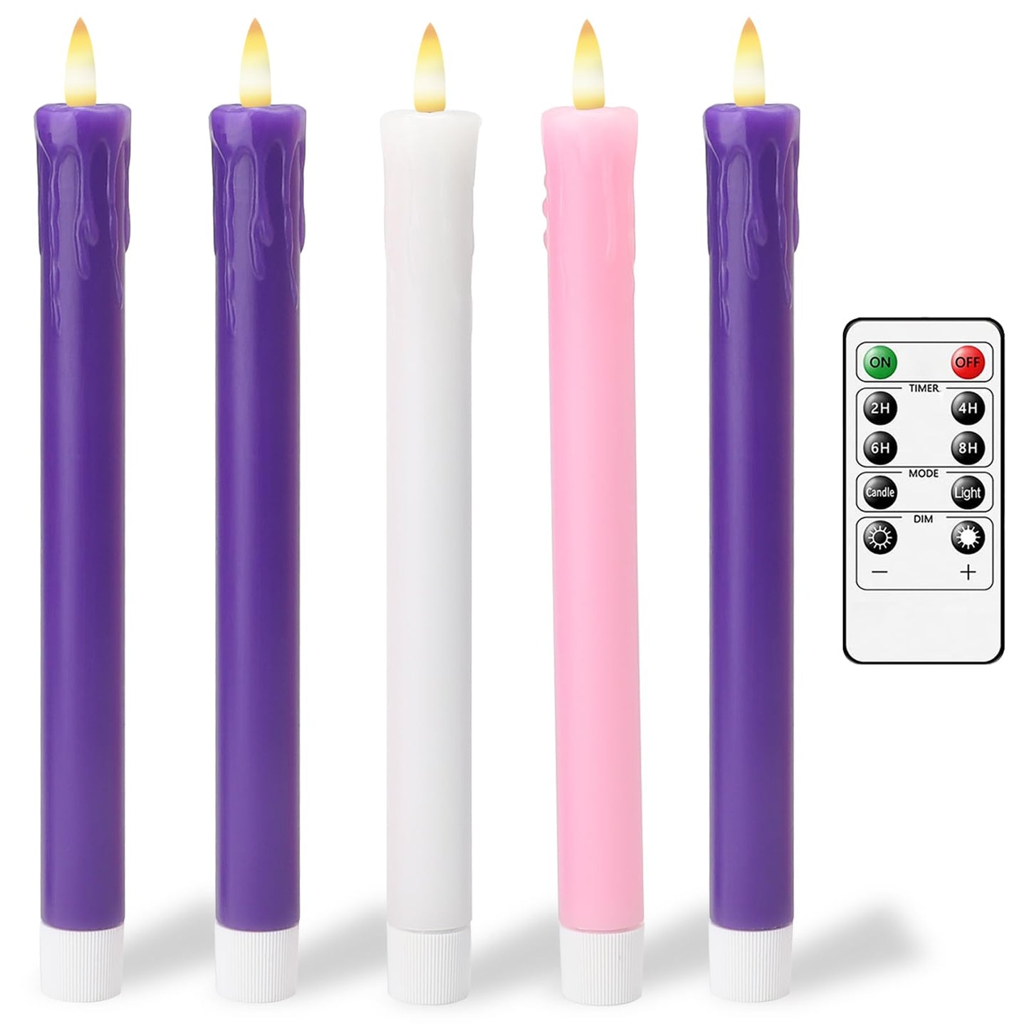 Lezonic Flameless Advent Candles Battery Operated with Remote, Set of 5 Wax Christmas Taper Nativity Candles, LED Advent Wreath Candles for Church Home Christian Decor, 3 Purple & 1 Pink & 1 White