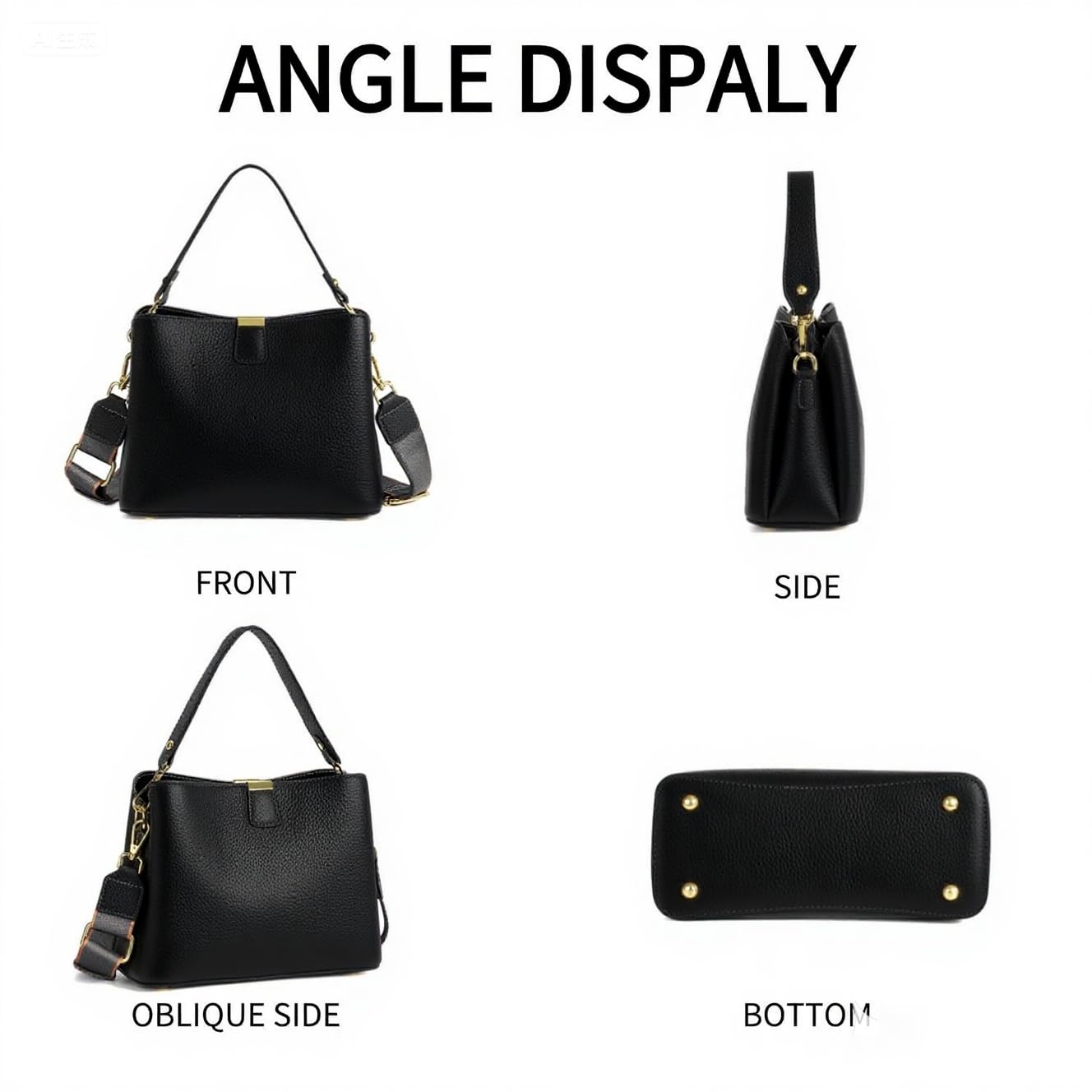 Leather Bucket Bag for Women, Soft Crossbody Top-handle Purse with 2 Style Adjustable Straps, Spacious Daily Handbag for Work, Black