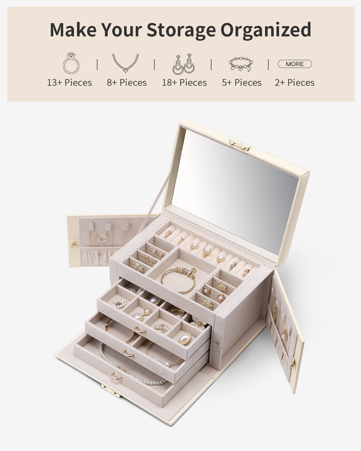 VLANDO Jewelry Box for Mothers Day Teacher Appreciation Gifts, 4-Tier Jewelry Organizer with Lock, Mirror Jewelry Box for Earring, Ring, Necklace, Jewelry Storage for Women Girls - Beige