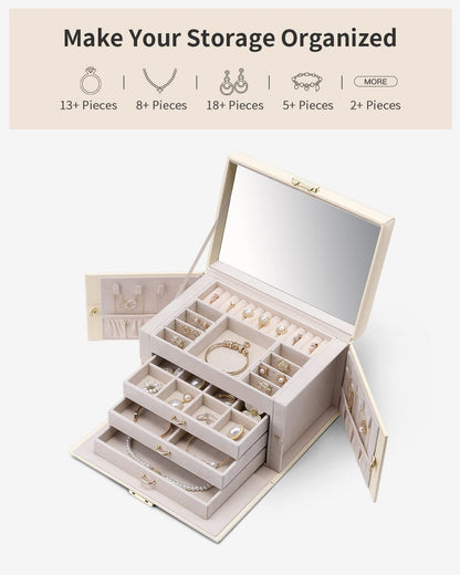 VLANDO Jewelry Box for Mothers Day Teacher Appreciation Gifts, 4-Tier Jewelry Organizer with Lock, Mirror Jewelry Box for Earring, Ring, Necklace, Jewelry Storage for Women Girls - Beige