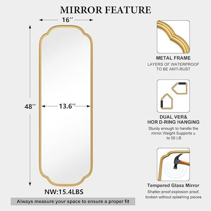 48"x16" Gold Door Mirror Full Length Over The Door with Non-Rusting Metal Frame, Modern Full Body Mirror Bedroom Closet Bathroom