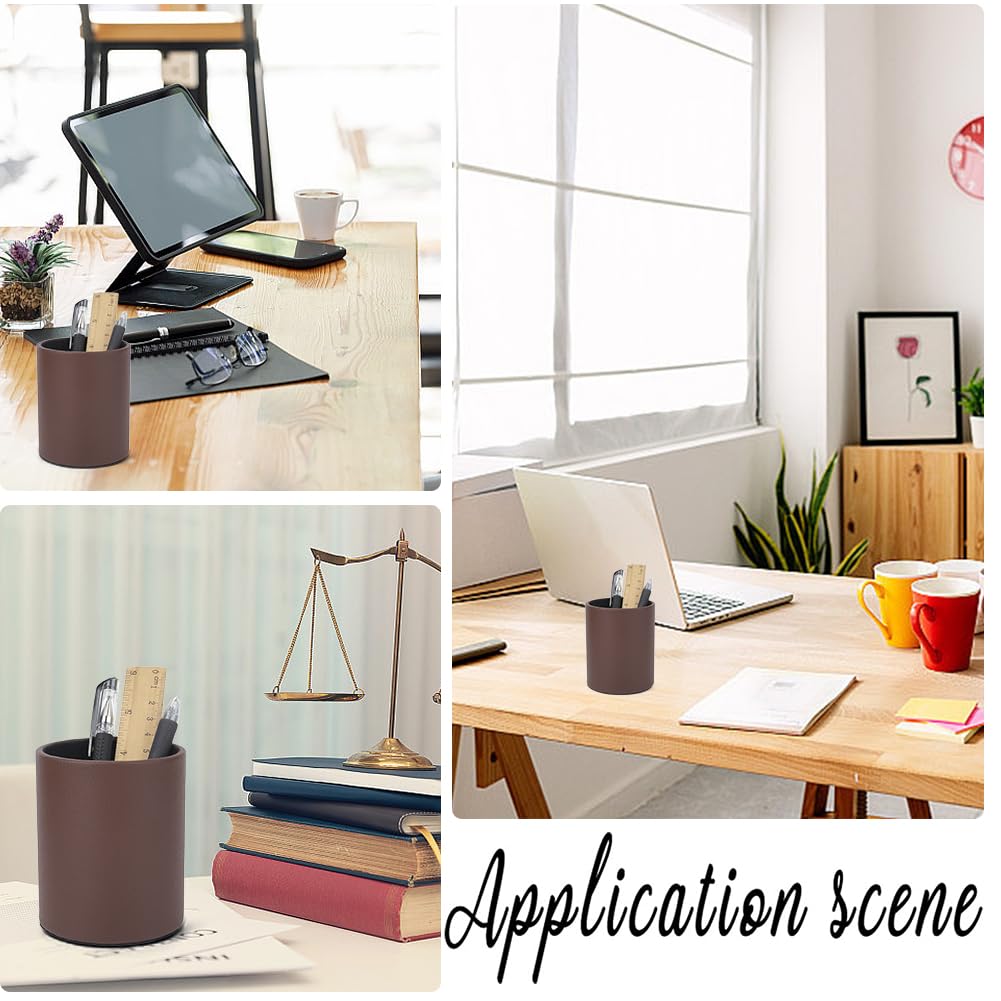 CALFOVERA PU Leather Round Pencil Cup Holder for Desk Multifunctional Stationery Container Luxury Brown Leather Pens Glitter Bling Makeup Brush Stroage Box Case Desktop Organizer for Office