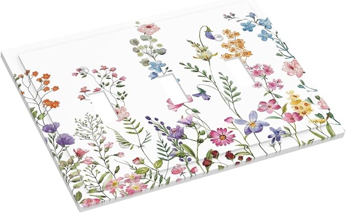 Rustic Wild Floral Vintage Watercolor Flower 3 Gang Wall Plates Decorative Triple Toggle Light Switch Cover Electrical Switchplate Unused Decorate Faceplate for Bathroom Home