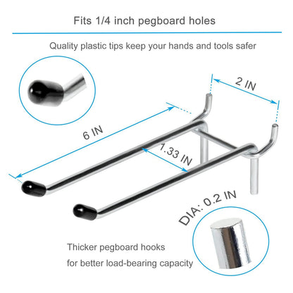 Nlmyt 10 Pcs Pegboard Hooks, 6 Inch Peg Board Hooks, Pegboard Pegs Accessories with Rubber Tipped, Double Peg Hook Fit 1/4” Hole, Heavy Duty Tool Utility Hook for Hanging Tools, Bags and More