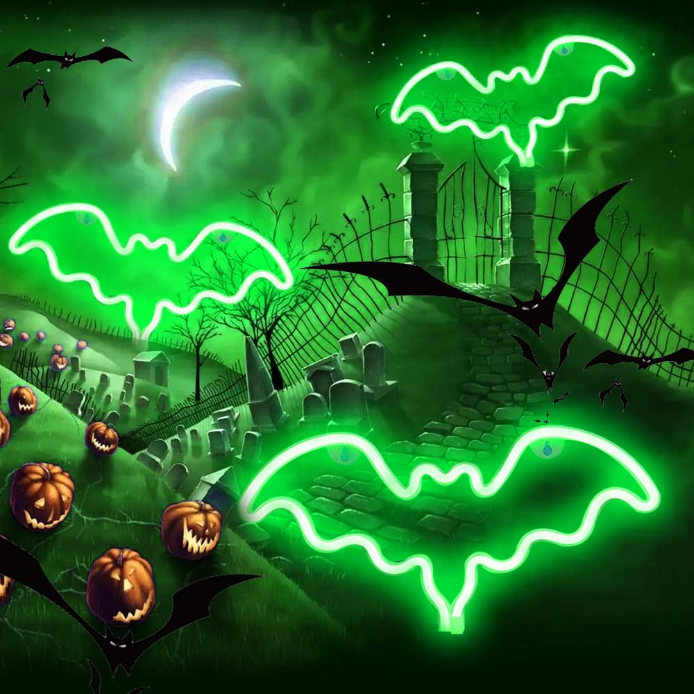 Vicila LED Neon Bat Lights, Bat Shape Neon Signs Night Lights Battery Operated Desk Table Lamp for Bedroom, Bar, Wall, Halloween Decor-Bat(Green)