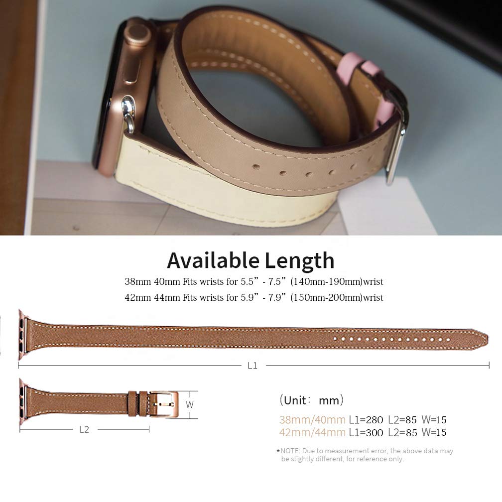 Bestig Bands Compatible with Apple Watch Band 40mm 41mm 38mm 42mm(Series 10 11) Women Men, Genuine Leather Double Tour Designed Slim Thin Strap for iWatch SE1/2/3 Ultra 3/2/1 Series 9 8 7 6 5 4 3 2 1