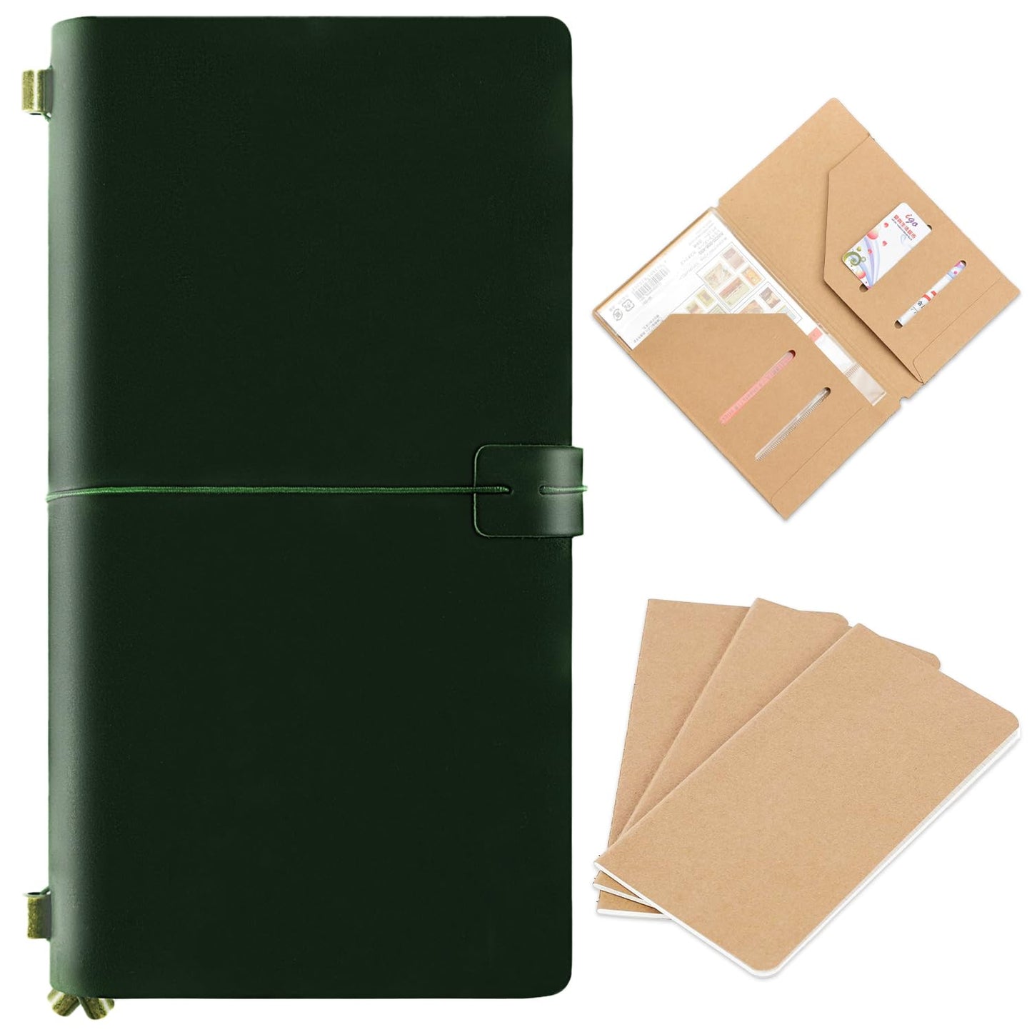 Ox Knight Refillable Leather Travelers Notebook, 8.6 x 4.7 Travel Diary for Men and Women, Genuine Leather Travel Journal with 3 Inserts Regular Travel Notebook for Writing, Sketching & Planning, Standard Size, Green