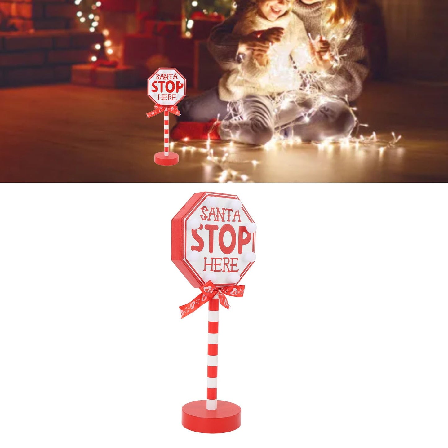 NOENNULL Light Up Santa Stop Here Sign, Santa Stop Here Pole Sign with LED Warm Light Wooden Xmas Desktop Battery Operated Xmas LED for Indoor Holiday Party Fireplace Decoration
