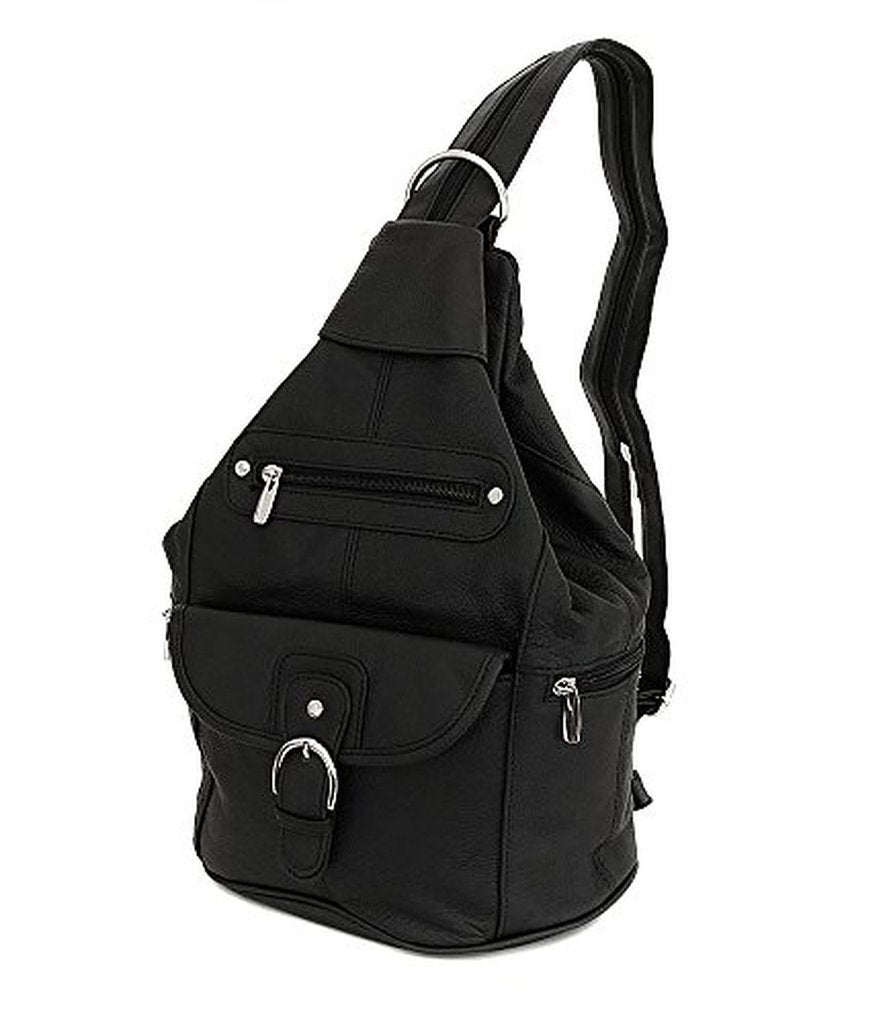 Womens Leather Convertible 7 Pocket Medium Size Tear Drop Sling Backpack Purse Shoulder Bag, Black