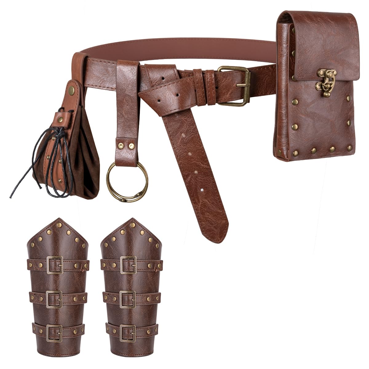 Medieval Steampunk Renaissance LARP Set - Steampunk Belt Leather Belt Bag Potion Bottle Holder & Adjustable Arm Guards for Cosplay Halloween & Festivals