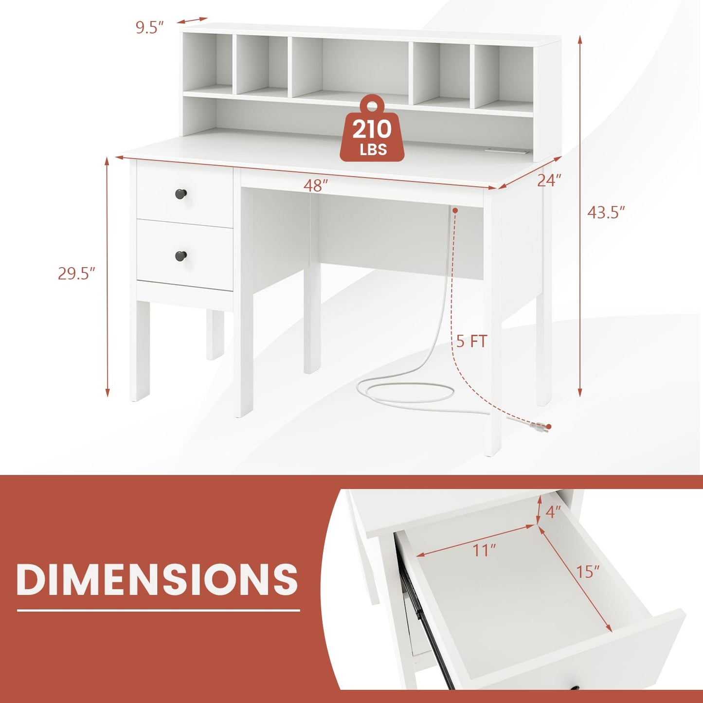 Tangkula White Desk with Drawers & Hutch, Modern Home Office Desk Writing Study Desk with Charging Station, Laptop Desk with 5 Storage Compartments, Computer Workstation Makeup Vanity Desk