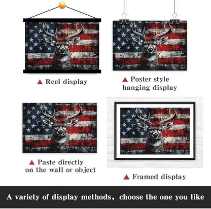 Yesad American Flag Deer Canvas Wall Art, Animal Head Rustic Wall Décor Christmas Paintings Pictures Nature Artwork Modern Poster for Farmhouse, Living Room, Bedroom, Office (Unframed,12”x8”,Deer1)