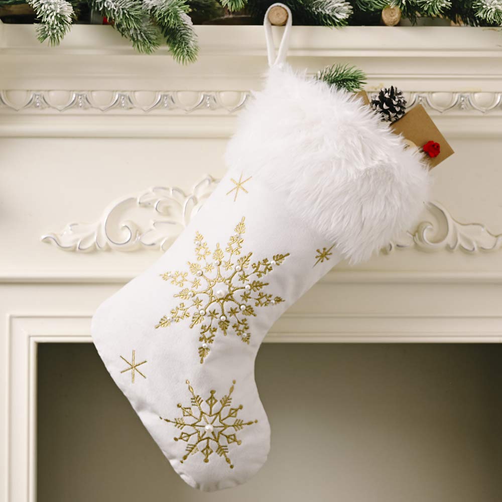 Comfy Hour 18" White Velvet Christmas Stocking, Gold Snowflake Embroidery with Faux Fur Trim, Elegant Holiday Mantel Hanging Decor, Traditional Winter Accent, Artisan Crafted Textile, 1 Unit