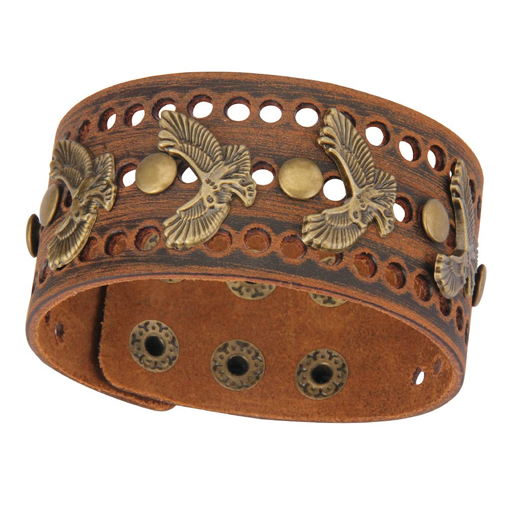 Jeilwiy Brown Leather Bracelet Mens Wide Bracelet Brown Eagle Cuff Bracelet Wrap Bangle Punk Leather Bracelet
