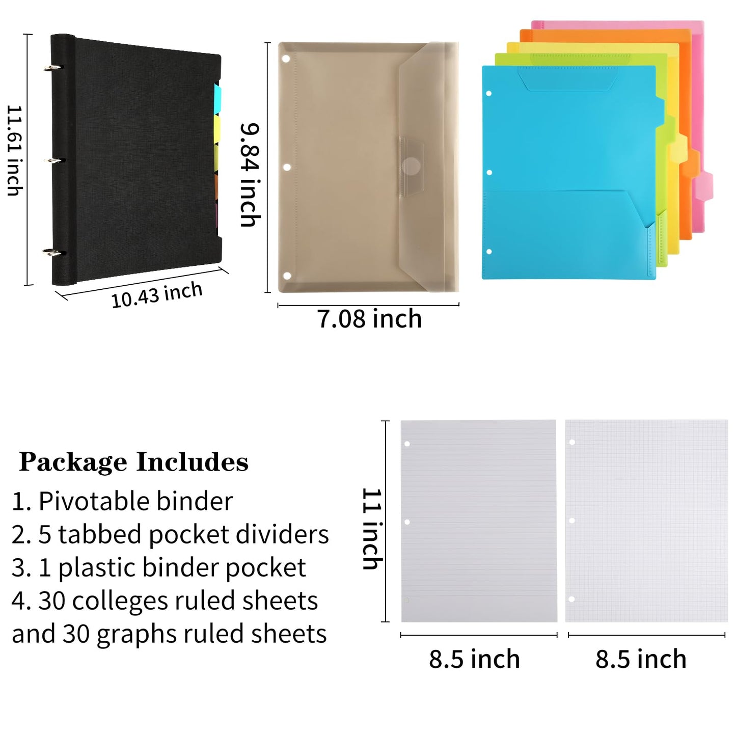 Tashkummy Pivotable Refillable Notebook, 3 Ring Binder Notebooks 1 Inch, Notebook with Dividers and Pockets, Folder Notebook, Flexible Binder, Soft Binders 3 Ring, Foldable Binder- Black