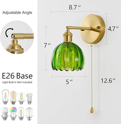 Vintage Wall Sconce 2 Pack, Green Glass Shade Gold Wall Lamp with 12 Inch Cable Switch, Modern Bathroom Wall Sconces Set of Two for Bedroom Corner Hallway