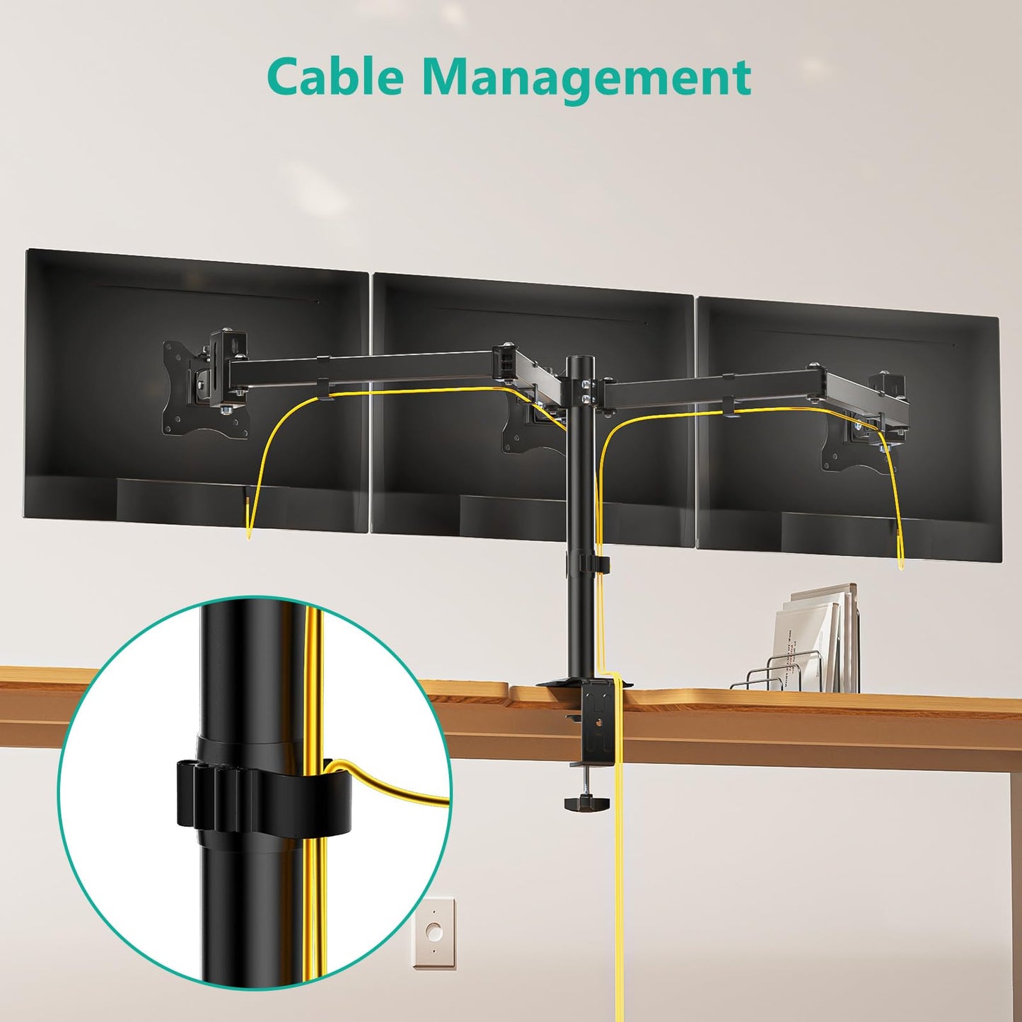 WALI Triple Monitor Mount, Heavy Duty Triple Monitors Stand up to 27 inch Screens, Adjustable 3 Monitor Desk Mount with Swivel, Tilt, Rotation, Clamp & Grommet Base Kit (M003SN), Black