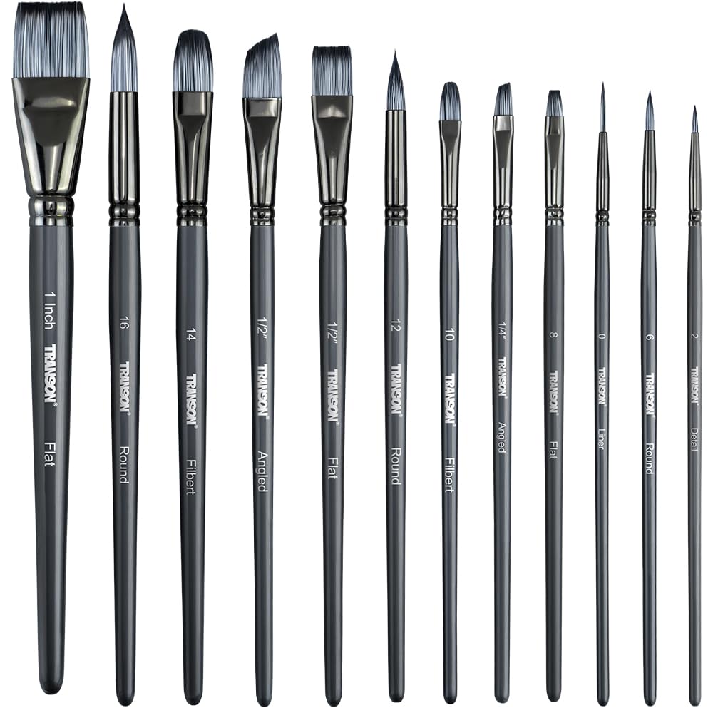 Transon Artist Paint Brush Set of 12 for Watercolor Acrylic Gouache Oil and Tempera Painting
