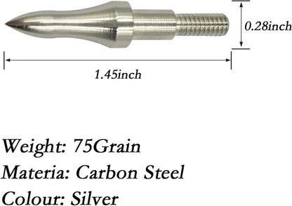 Archery Points - 12pcs Stainless Steel 5/16 Inch Screw-in Bullet Tips for Crossbow, Recurve & Compound Bow | 75/100/125/150 Grains