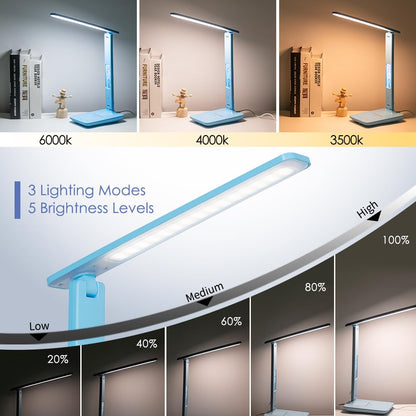Multifunctional LED Desk Lamp with Wireless Charger,USB Charging Port,Clock,Phone Holder,Desk Lamps for Home Office,Eye-Caring Reading Lamp,Study Lamp for Boys,Girls,Teens,White