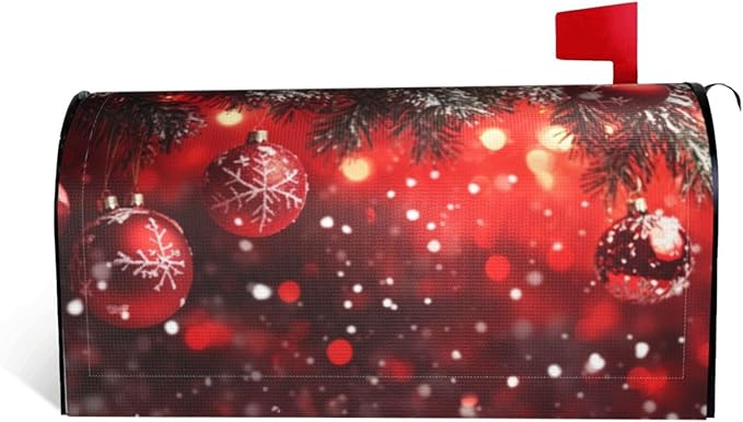 Festive Magnetic Mailbox Cover Red Christmas Ball Pattern Outdoor Mailbox Protector Holiday Seasonal Decorative Garden Yard Home Large Size 25.5 x 21 Inch