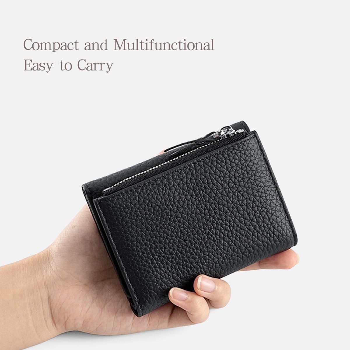 Mudono Women’s Wallet Small Genuine Leather Credit Card Holder RFID Blocking Tri-Fold Wallet With ID Window and Zipper Pocket
