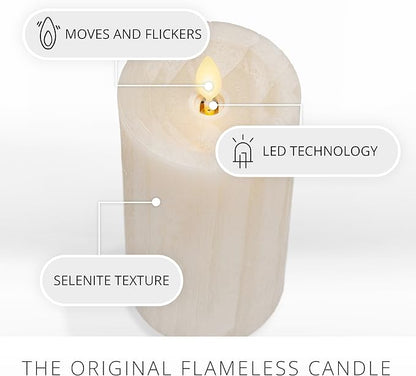 Luminara Selenite Looking Flameless Candle, White Swan 3" x 6.5", Battery Operated Real Wax Moving Flame LED Pillar w/Timer, Home Decor Unscented
