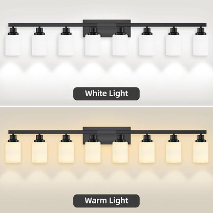 8-Light Bathroom Light Fixtures Over Mirror, 52inch Modern Matte Black Vanity Lights with White Frosted Glass Shade, Bathroom Wall Lamp Sconces for Mirror Bedroom, Living Room Hallway