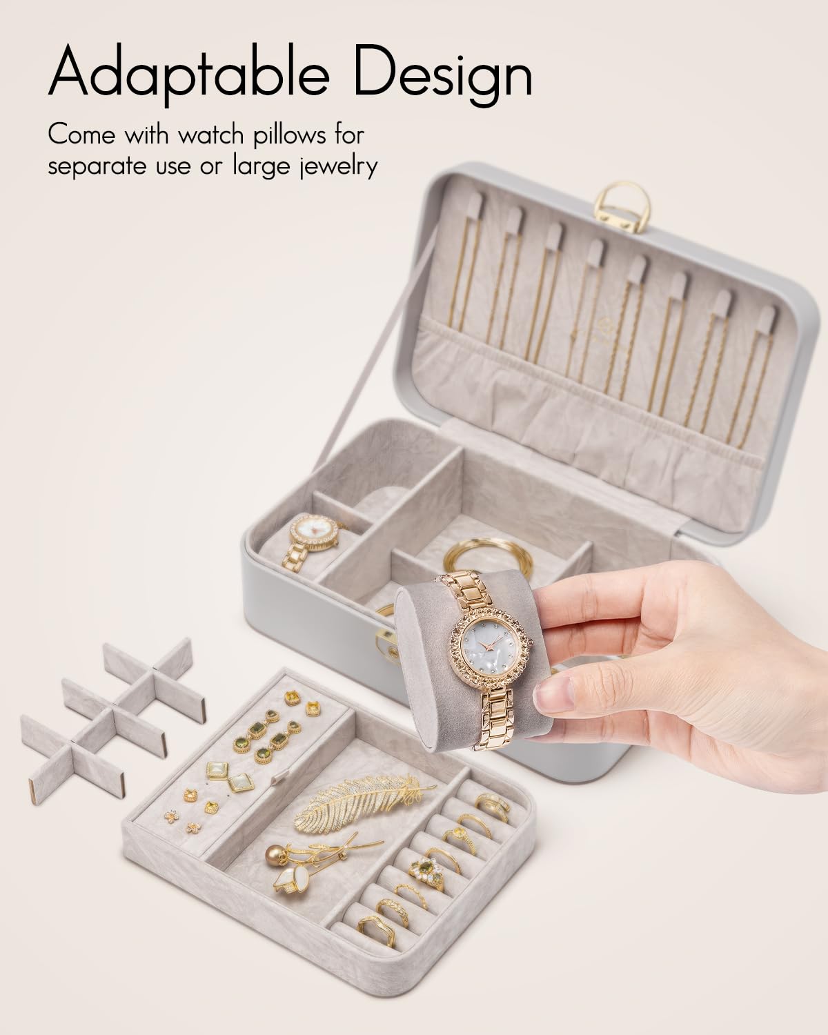 VLANDO 2 Layer Jewelry Box,Jewelry Organizer Storage Lockable Earring Organizer Removable Jewelry Tray with Watch Pillow for Neckable Ring Bracelets-Grey