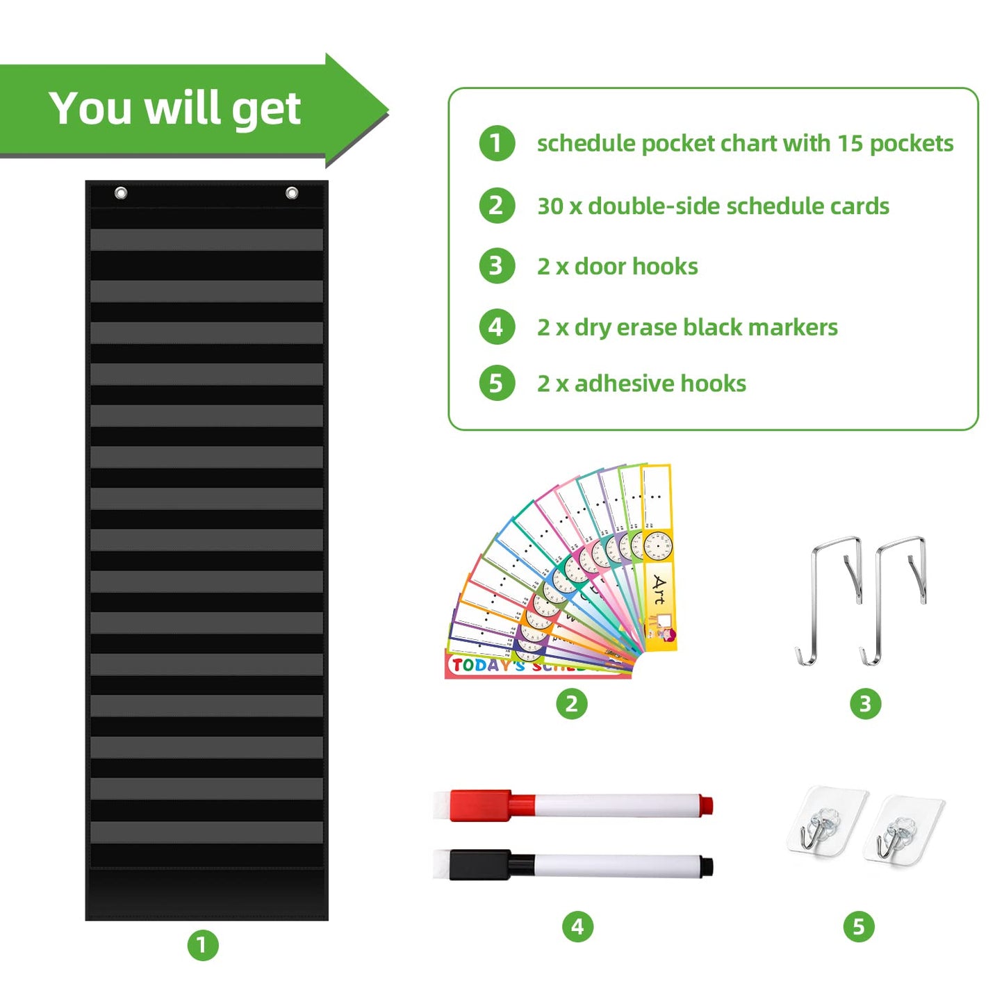 REGELETO 15+1 Pockets Daily Schedule Pocket Chart with 30 Pcs Double-Sided Reusable Cards, Scheduling Pocket Chart for Classroom Office Home School Activity(Black)