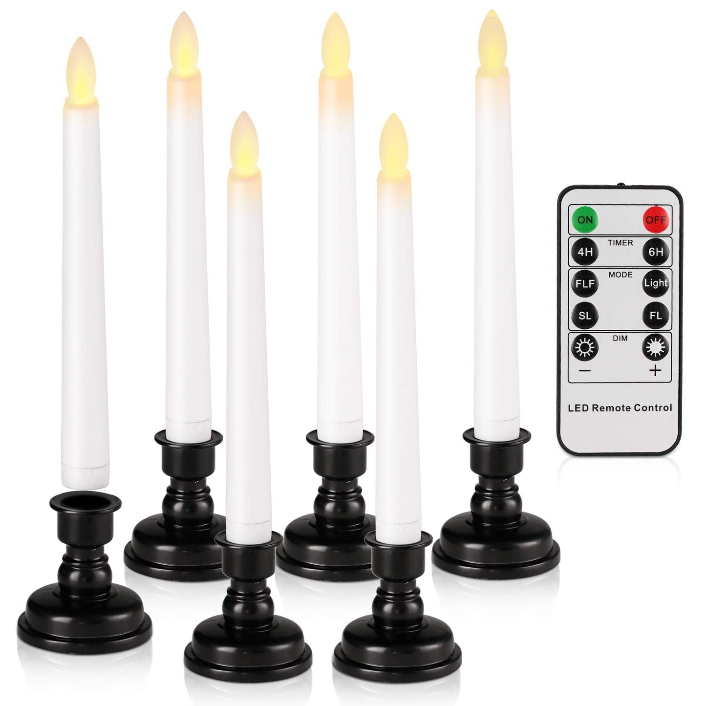 FREEPOWER Set of 6 Flameless Window Taper Candles with 6PCS Black Base, Battery Operated FlickeringTaper Candle with Remote and 4H/6H Timer,for Christmas Home Wedding Decor..