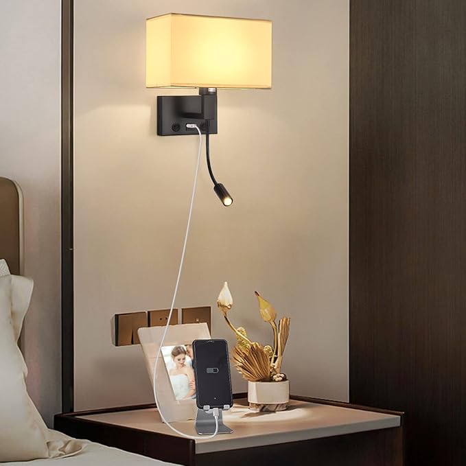Black Wall Sconces, Hardwired Wall Lamp with USB Port and Reading Lamp, Fabric Shade Bedside Wall Lights with Reading Lamp for Bedroom Living Room Hotels Corridors (Black)