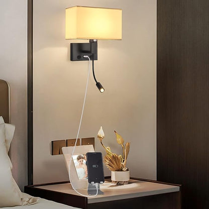Black Wall Sconces, Hardwired Wall Lamp with USB Port and Reading Lamp, Fabric Shade Bedside Wall Lights with Reading Lamp for Bedroom Living Room Hotels Corridors (Black)