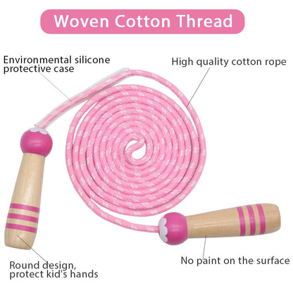 Jump Rope Kids, 7ft Adjustable Cotton Skipping Rope with Wooden Handle for Boys and Girls Fitness Outdoor Exercise