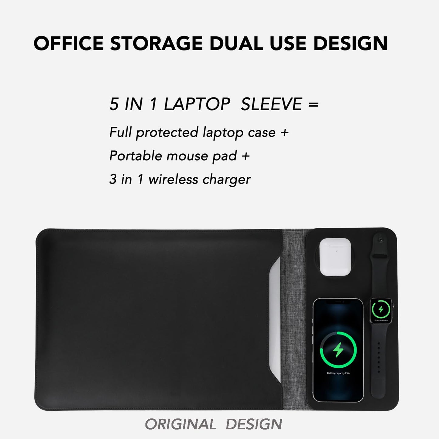 Gyanm 5-in-1 Laptop Sleeve with Wireless Charging for iPad MacBook Pro 12" 13" 14", Charge Mat for Phone Earbuds iWatch, Executive Office Organizer with Pocket, Waterproof Vegan Leather Case (Black)