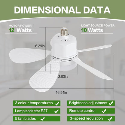 ASALL Socket Fan Light with Remote Control, Portable Small Ceiling Fan with Lights for Bedroom, Kitchen, Living Room, with Dimming Function, 1000 Lumens, Screws into E26/E27, 16.54 Inches Diameter