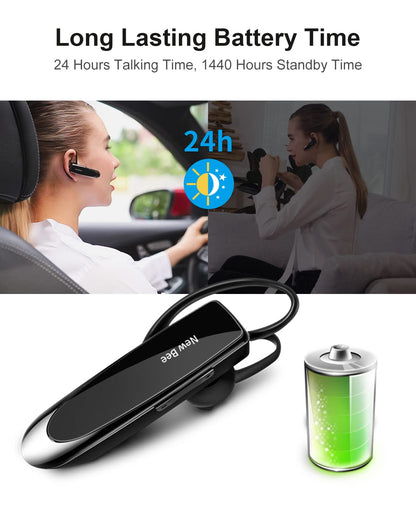New bee Bluetooth Earpiece V5.0 Wireless Handsfree Headset with Microphone 24 Hrs Driving Headset 60 Days Standby Time for iPhone Android Samsung Laptop Trucker Driver (Black)
