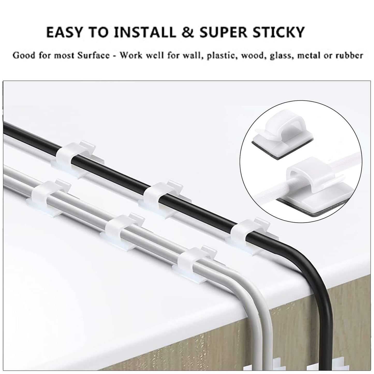 CHZHLI White Cable Management Organizer Kit, 2 Wire Sleeve Protector, 41 Self Adhesive Cable Clips Holder, 10pcs+2 Roll Reusable Cable Ties and 100 Cable Zip Ties for TV Computer Cord Tidy Under Desk