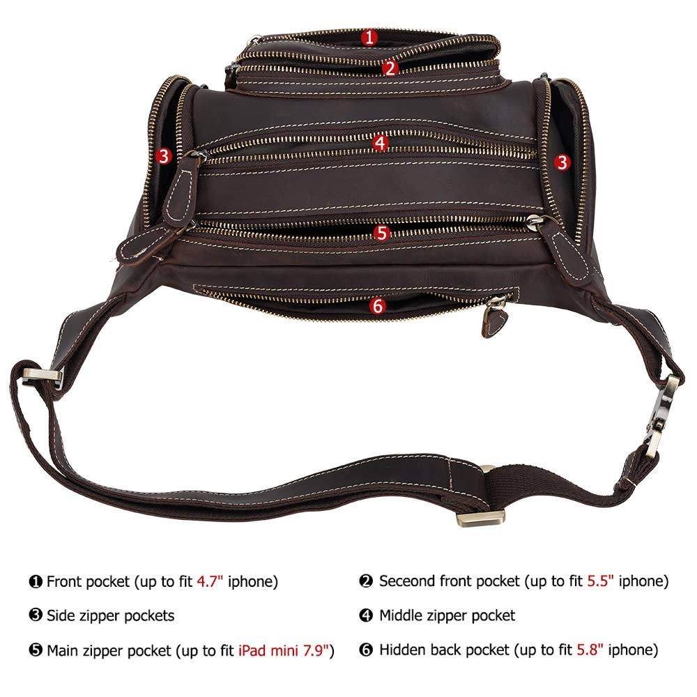 TIDING Leather Fanny Pack For Men Large Capacity Crossbody Waist Belt Bag For Travel Sports Outdoor Hiking Cycling Running